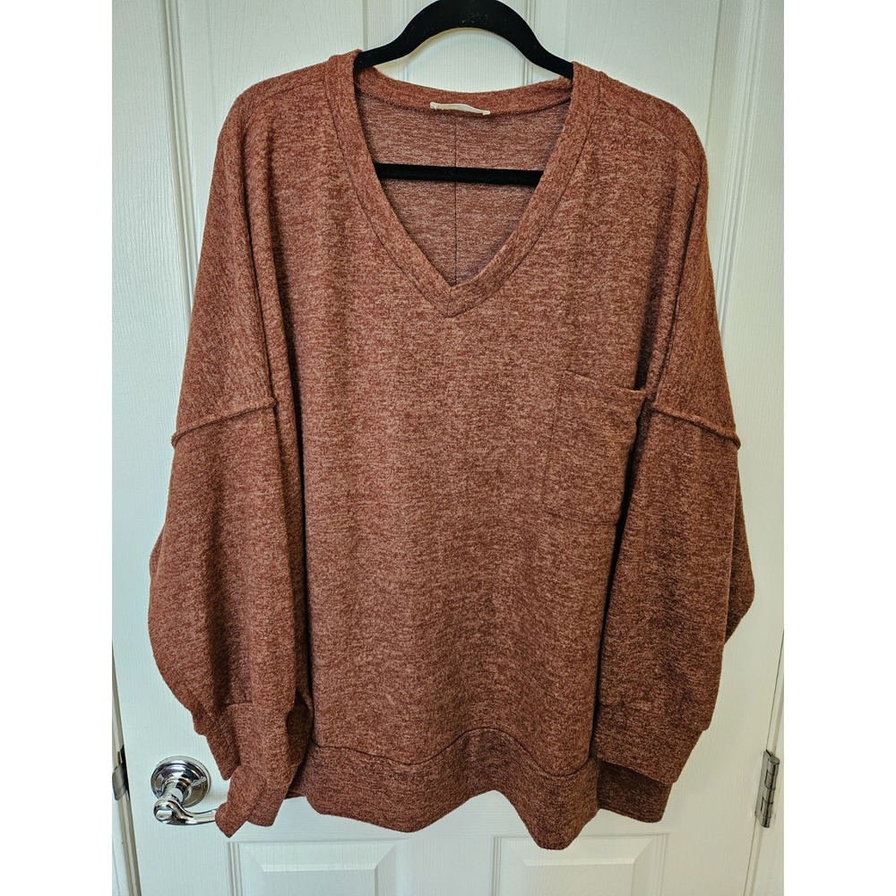 Zenana Maroon Soft Drop Shoulder Pullover Sweater V-Neck Front Pocket, Plus 3X - Picture 1 of 5